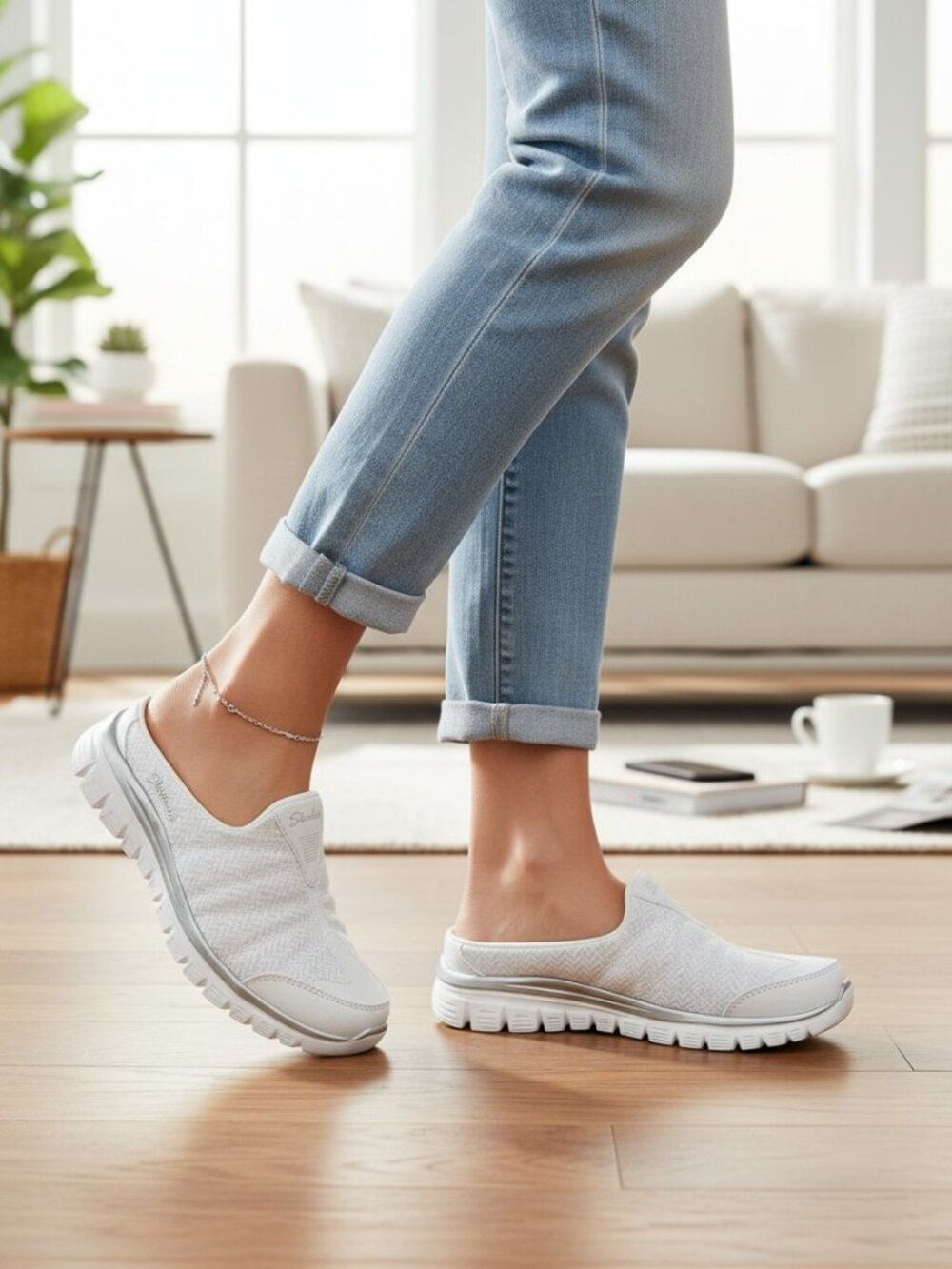 Skechers Easy Going Mule Sneakers Women 9 White Memory Foam 100309 Slip On Comfy